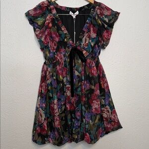 Meet Me in Santorini “Midnight Garden” Flutter Sleeve Mini Dress – NWT – Size M